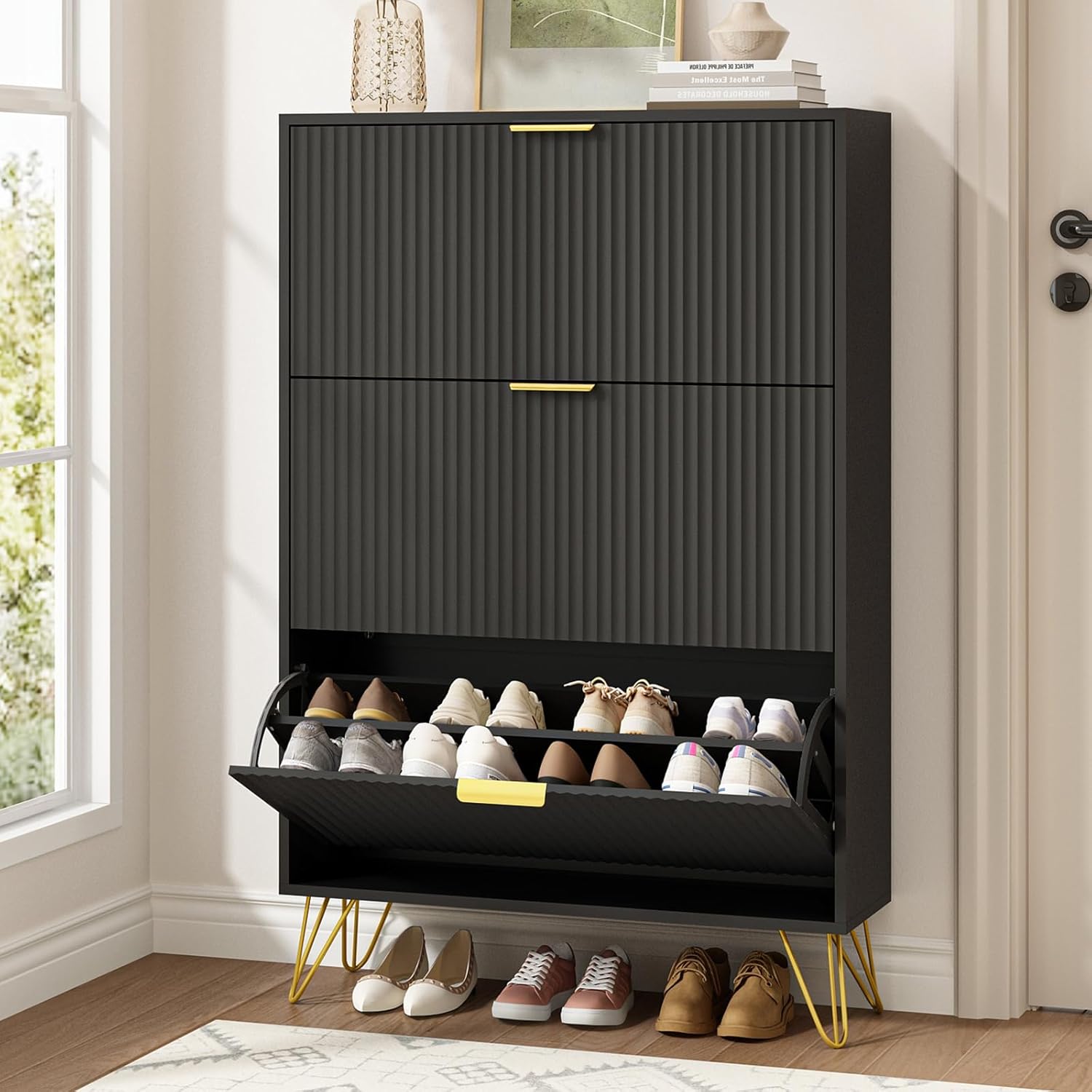 Shoe Rack Cabinet Narrow Entryway - Fluted Narrow Shoe Cabinet with 3
