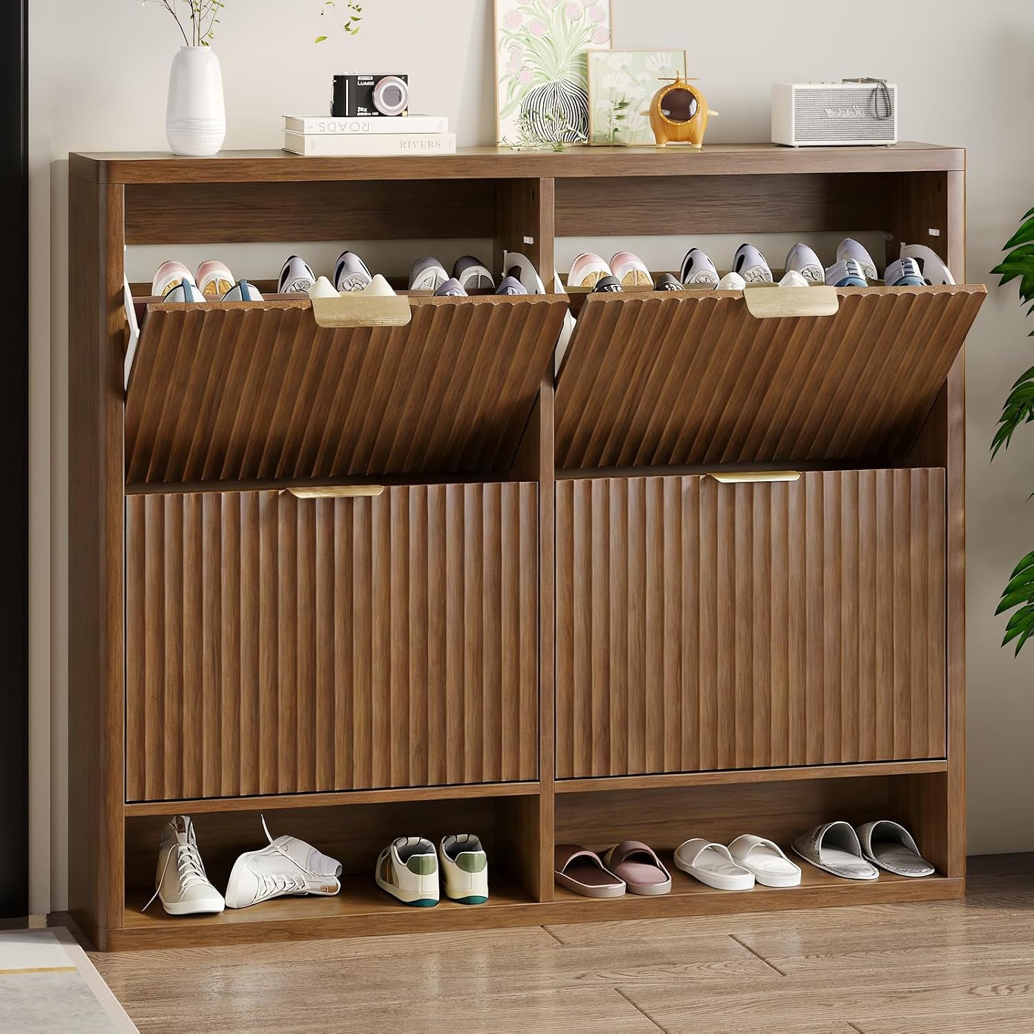 Fluted Shoe Cabinet with 4 Fli - Shoe Rack Cabinet Narrow Entryway recension och pris