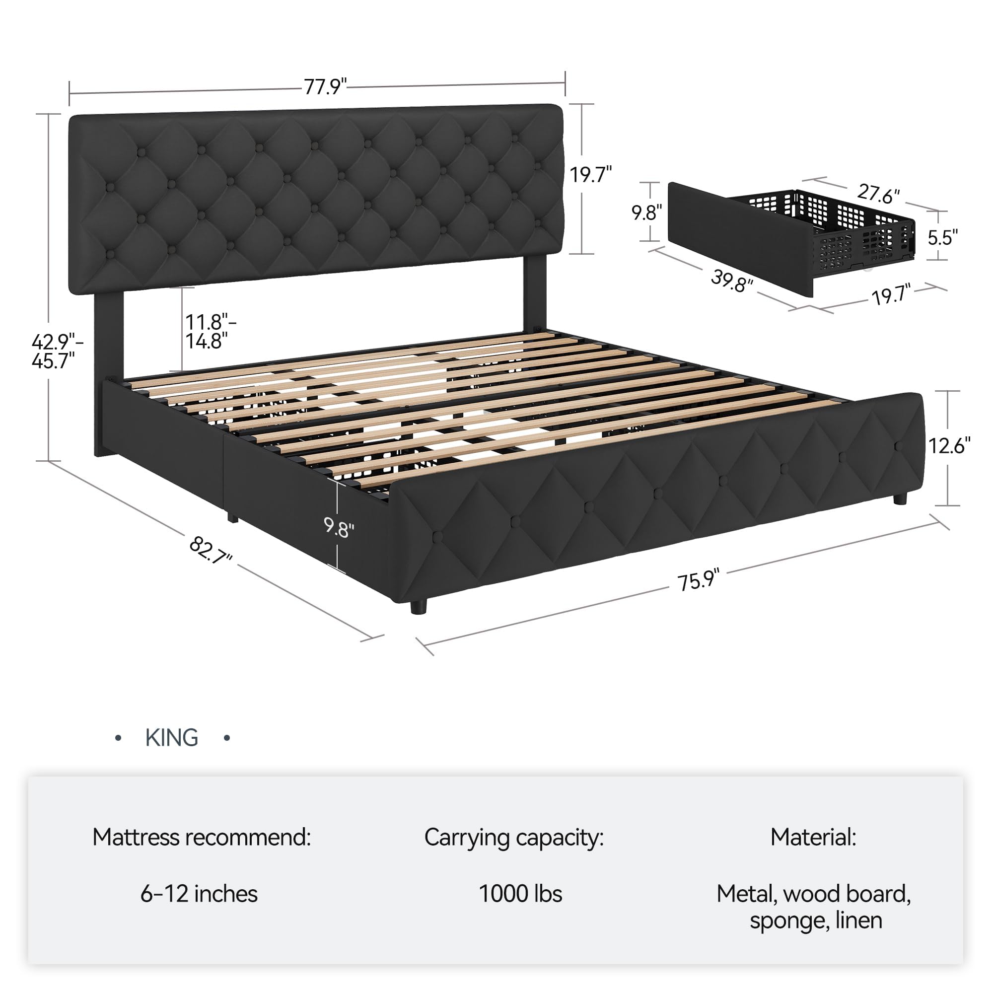 King Size Bed Frame with 4 Sto - King Size Bed Frame With Storage Drawers recension och pris
